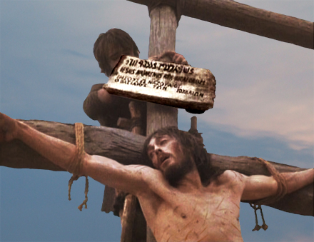Jesus with sign over him saying Jesus of Nazareth, the King of the Jews.